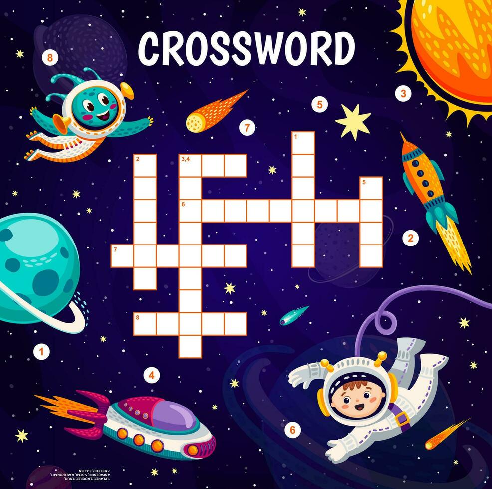Crossword quiz game grid. Cartoon space puzzle vector