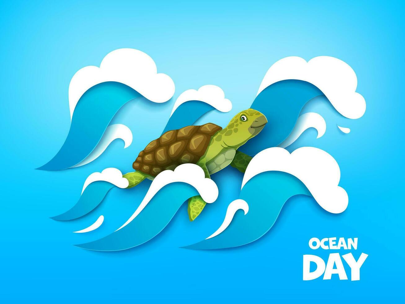 World oceans day, cartoon turtle in paper cut sea vector