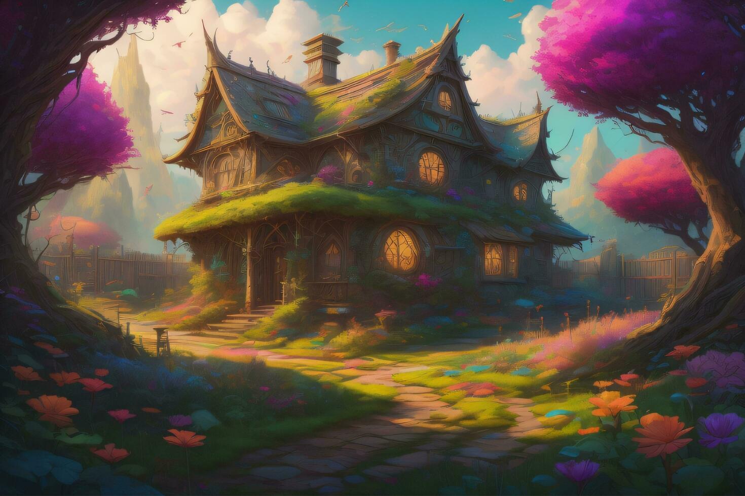 Garden with house, generative AI photo