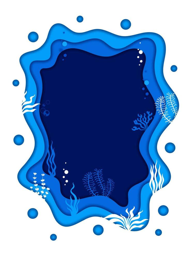 Paper cut frame, sea waves and underwater seaweed vector