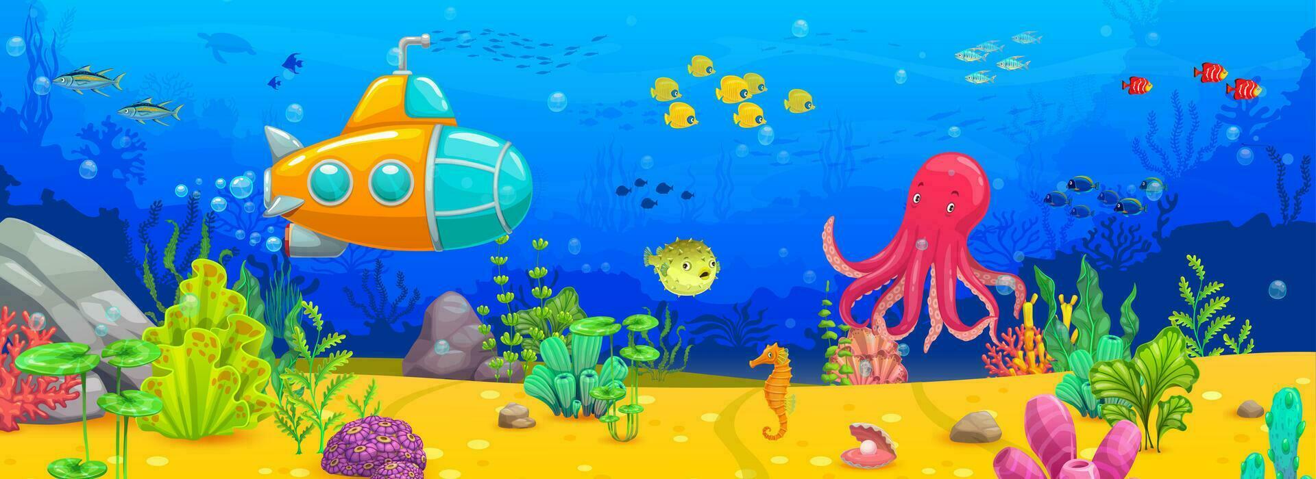 Octopus, submarine and fish, underwater landscape vector