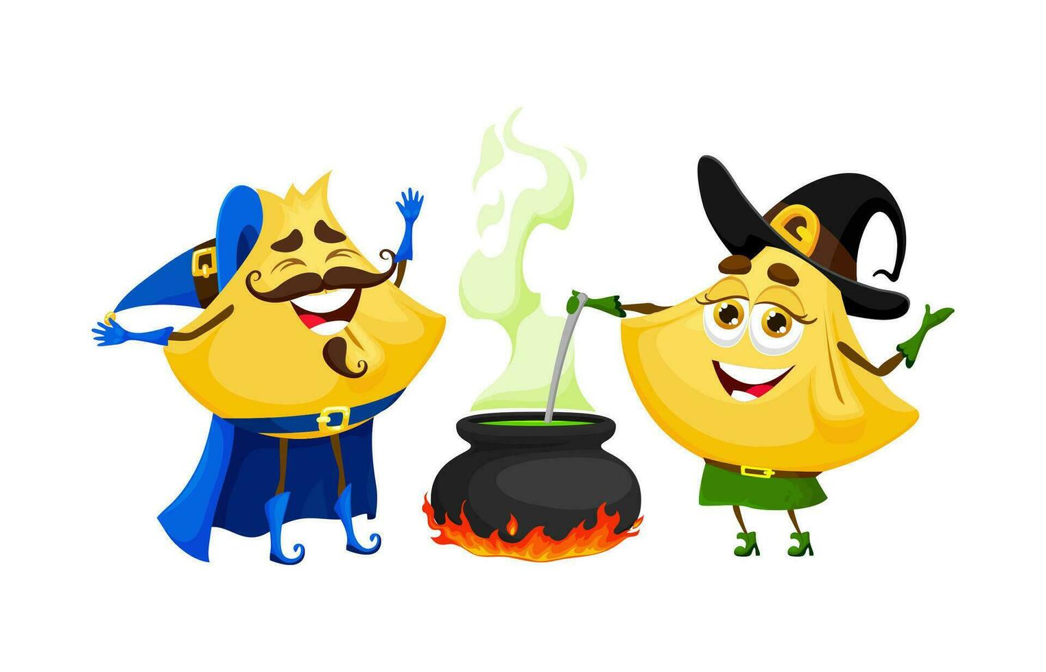 Cartoon Halloween pasta wizard and witch character vector