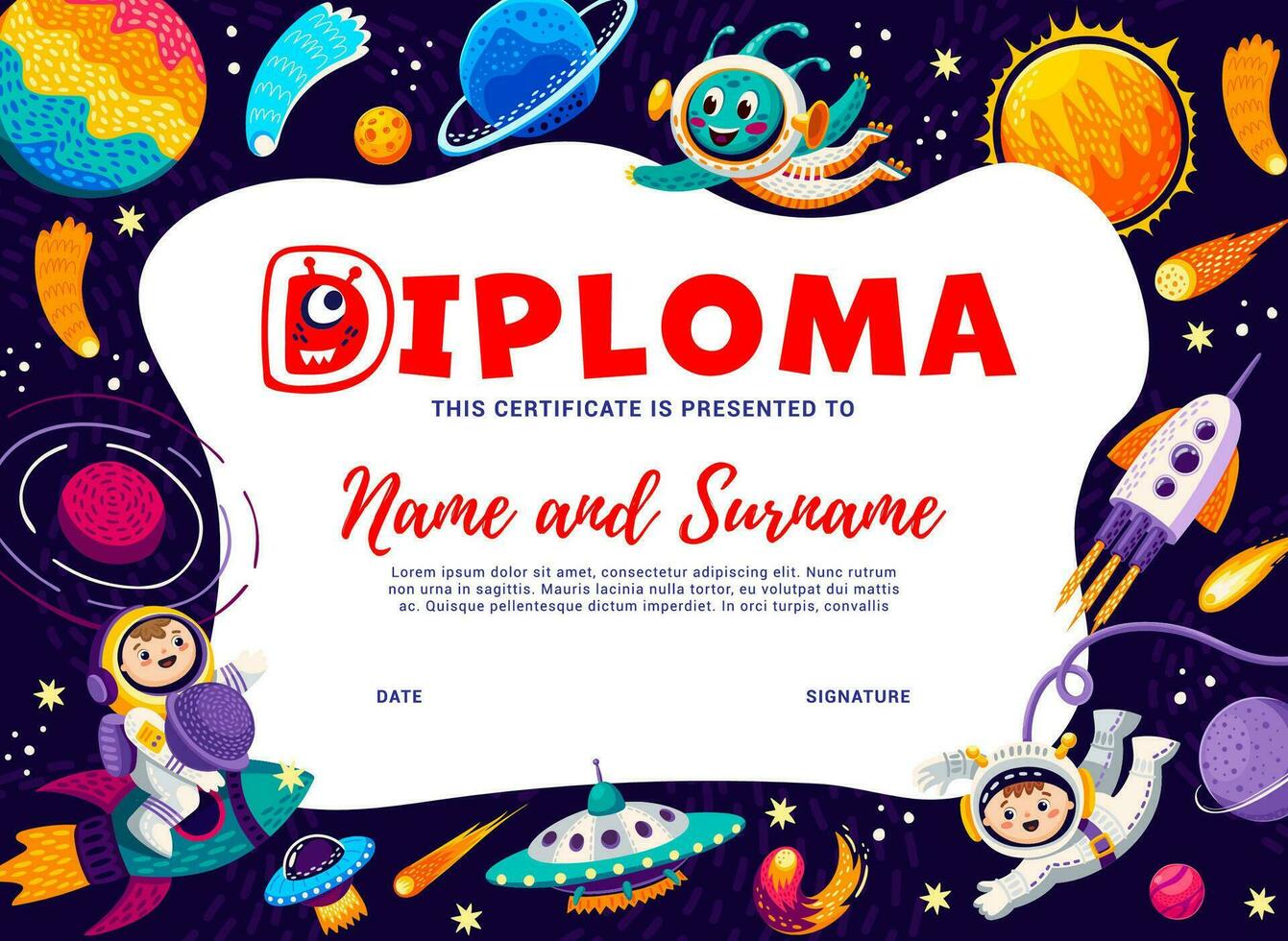 Kids diploma with astronauts, aliens, space planet vector