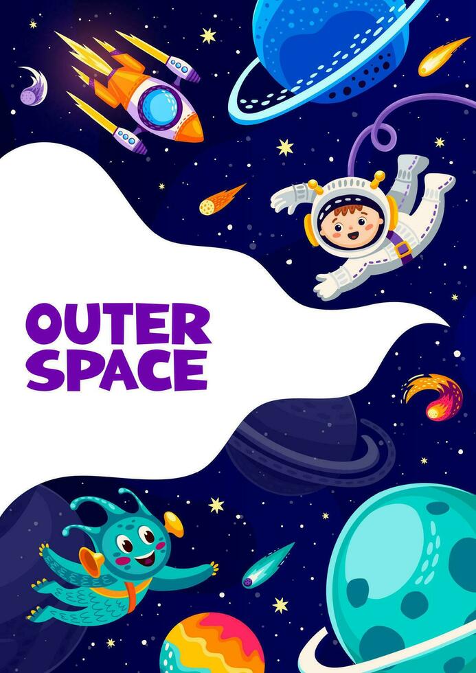 Space poster, cartoon alien rocket, kid astronaut vector