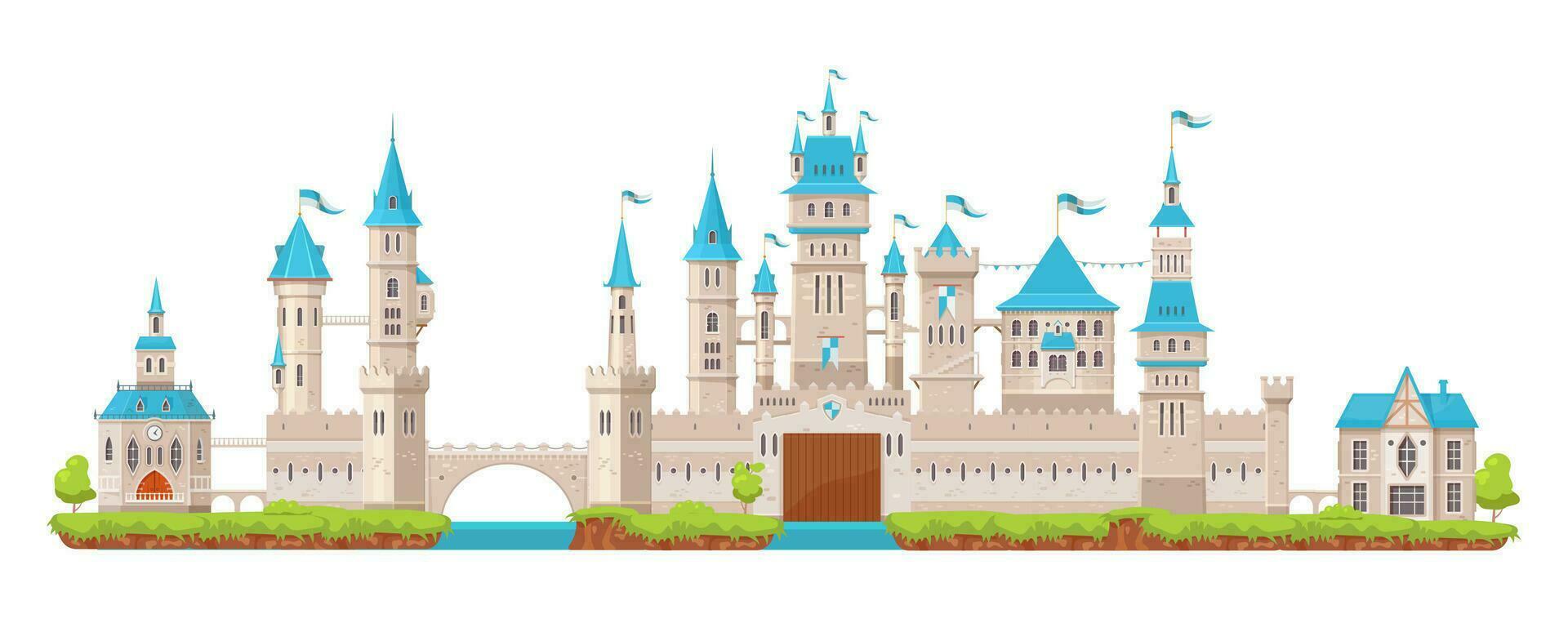 palacio, portón y torres, medieval fortaleza castillo vector