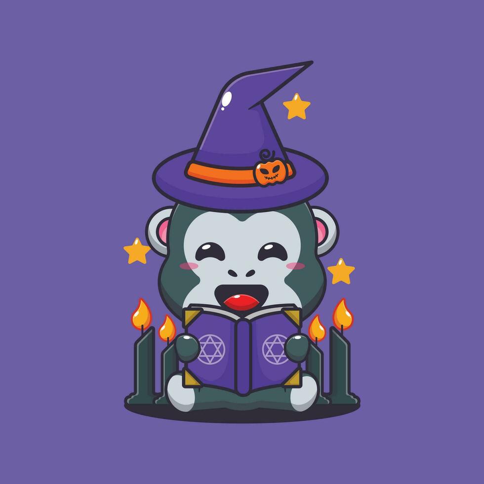 Witch gorilla reading spell book. Cute halloween cartoon illustration. vector