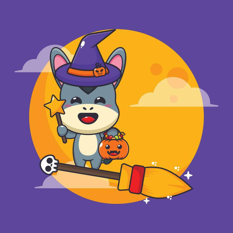 Witch donkey fly with broom in halloween night. vector