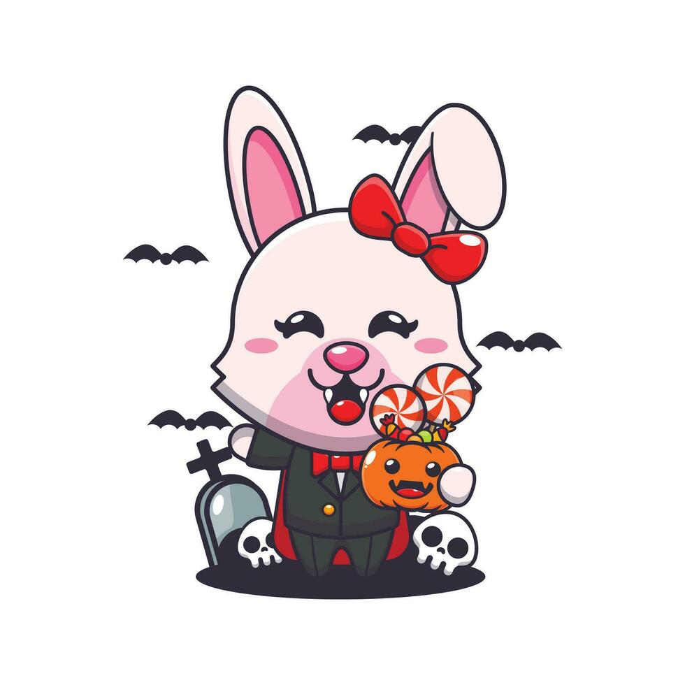 Vampire bunny holding halloween pumpkin. vector