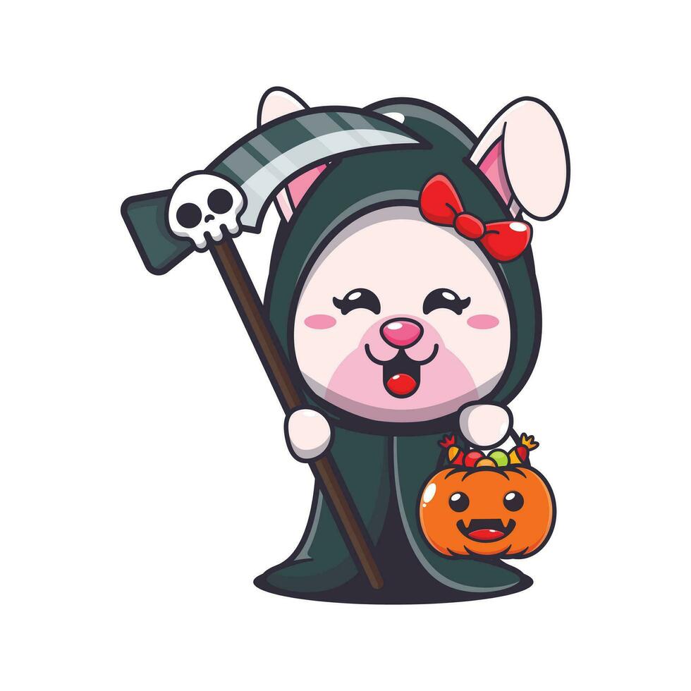Grim reaper bunny holding scythe and halloween pumpkin. vector
