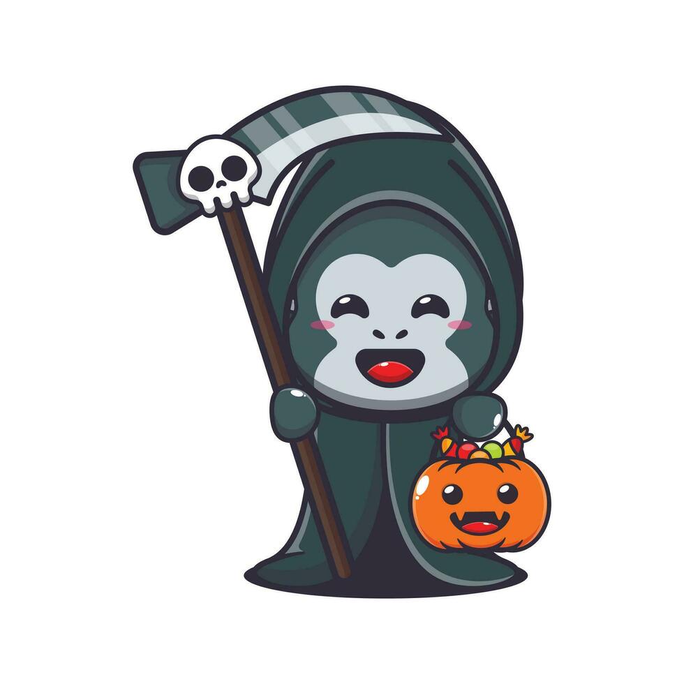 Grim reaper gorilla holding scythe and halloween pumpkin. vector