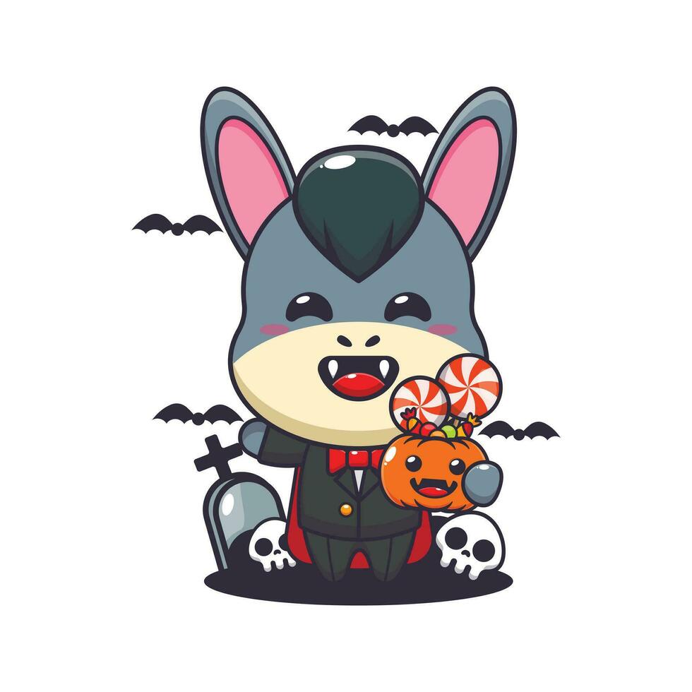 Vampire donkey holding halloween pumpkin. vector