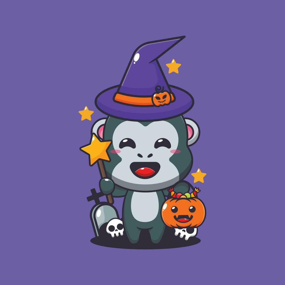 Witch gorilla in halloween day. Cute halloween cartoon illustration. vector