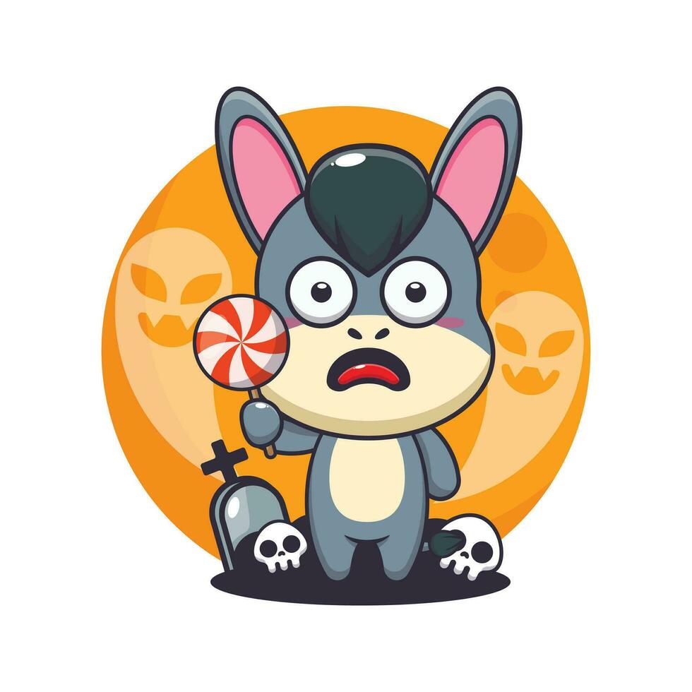Cute donkey scared by ghost in halloween day. vector
