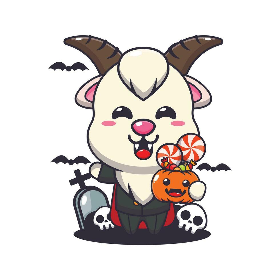 Vampire goat holding halloween pumpkin. vector