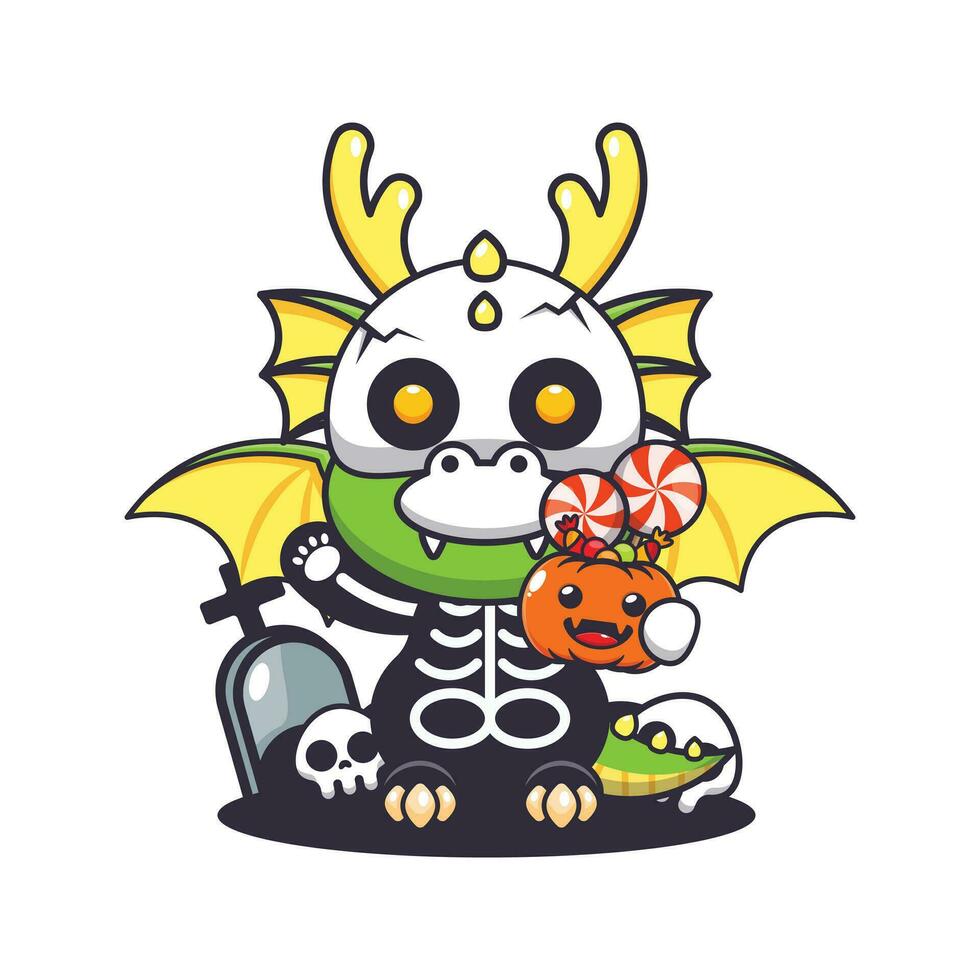 Dragon with skeleton costume holding halloween pumpkin. vector