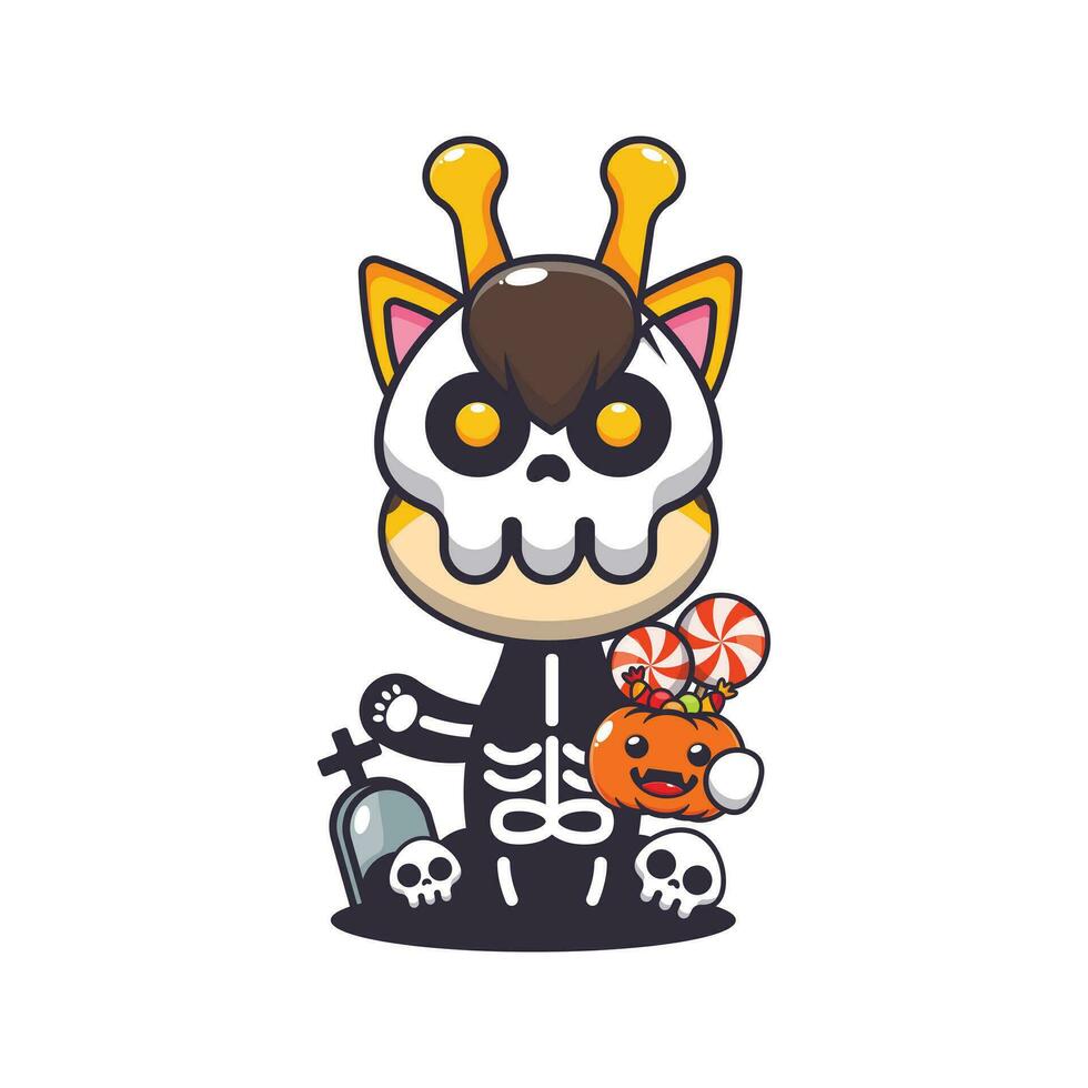 Giraffe with skeleton costume holding halloween pumpkin. vector