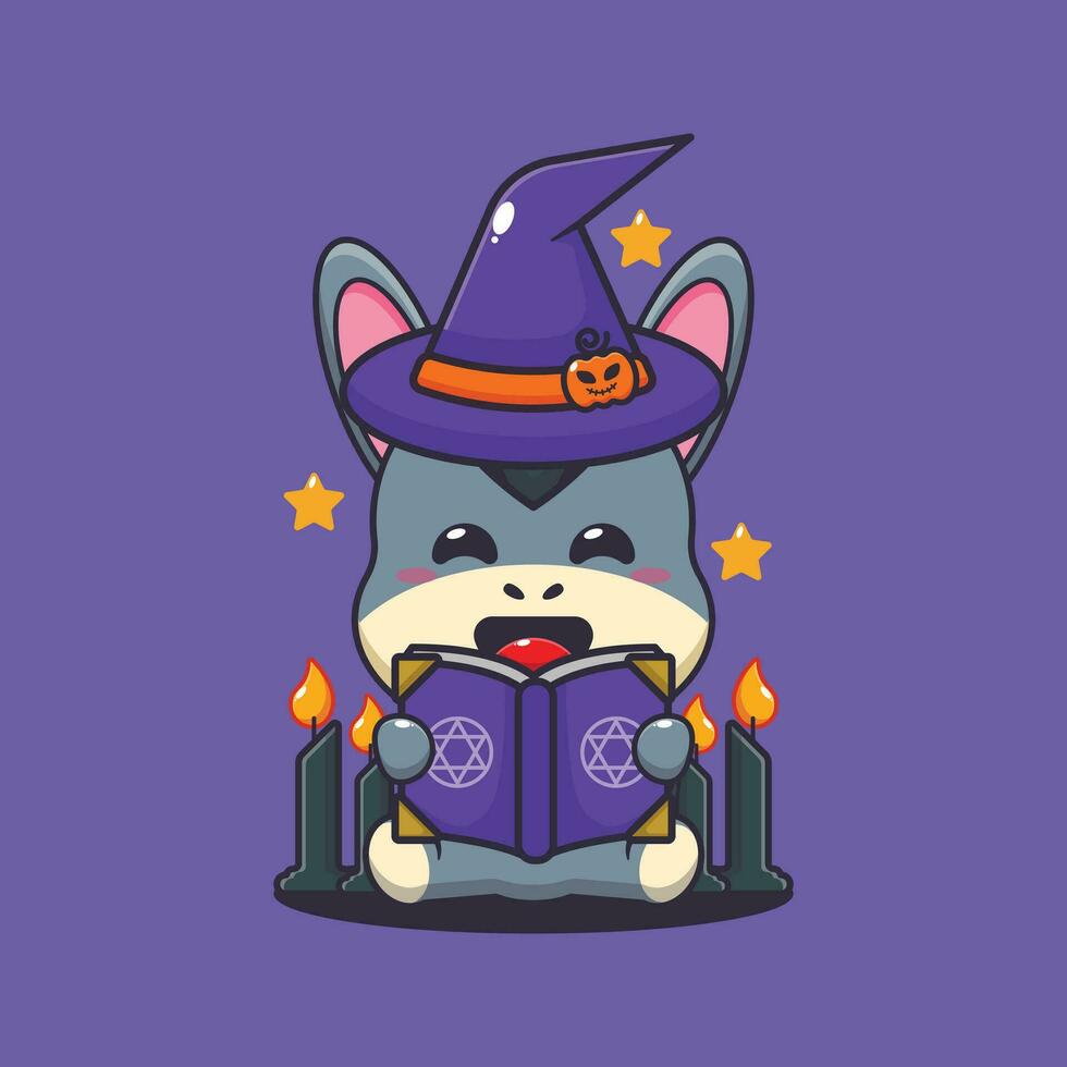 Witch donkey reading spell book. Cute halloween cartoon illustration. vector