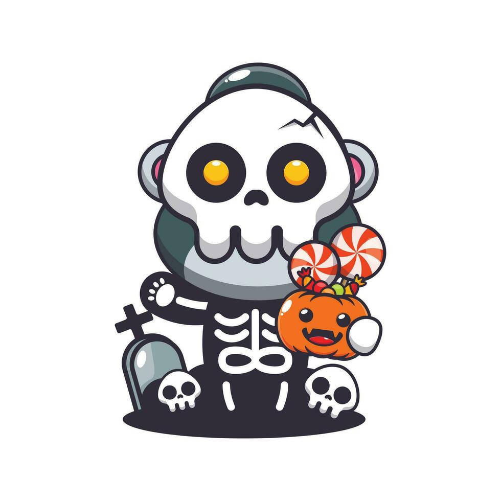 Gorilla with skeleton costume holding halloween pumpkin. vector