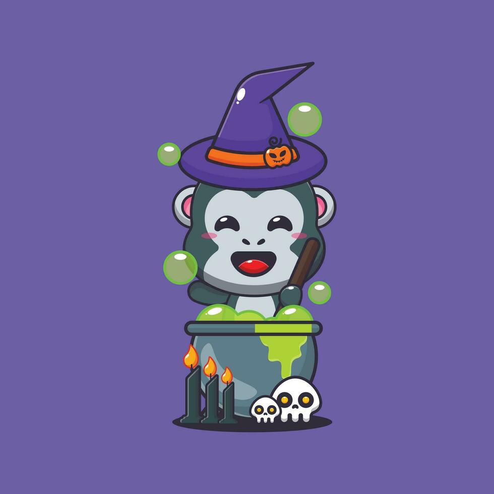 Witch gorilla making potion in halloween day. vector