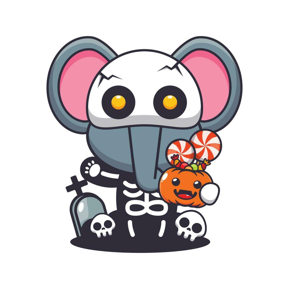 Elephant with skeleton costume holding halloween pumpkin. vector