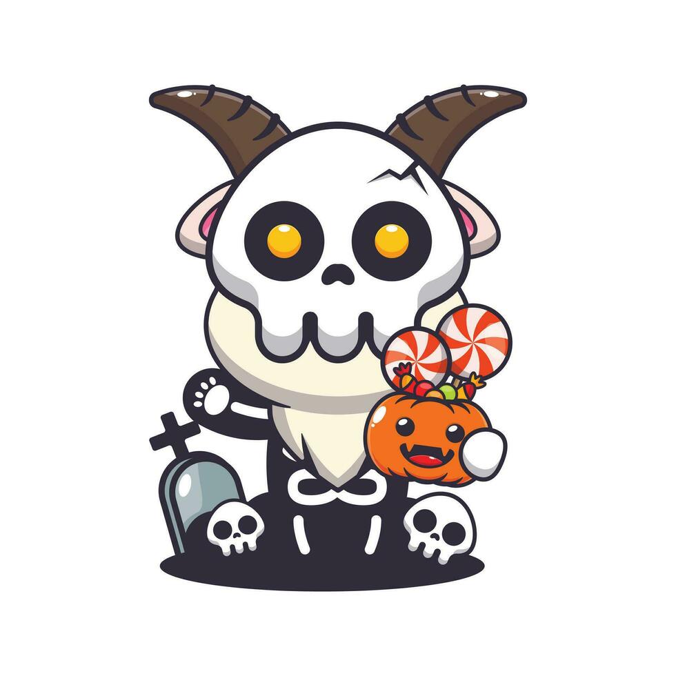 Goat with skeleton costume holding halloween pumpkin. vector