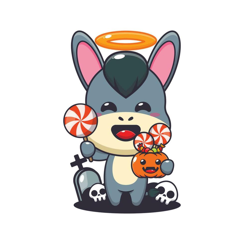 Cute angel donkey holding candy in halloween day. vector