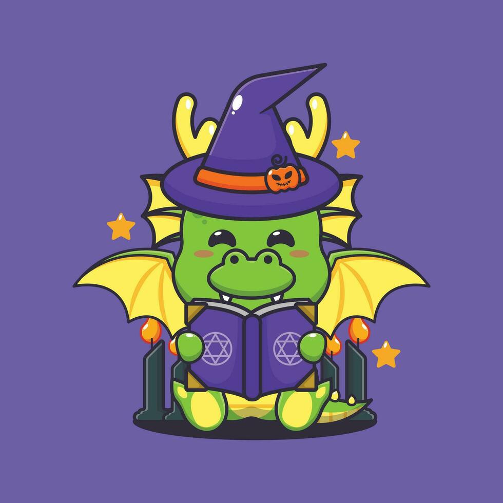 Witch dragon reading spell book vector