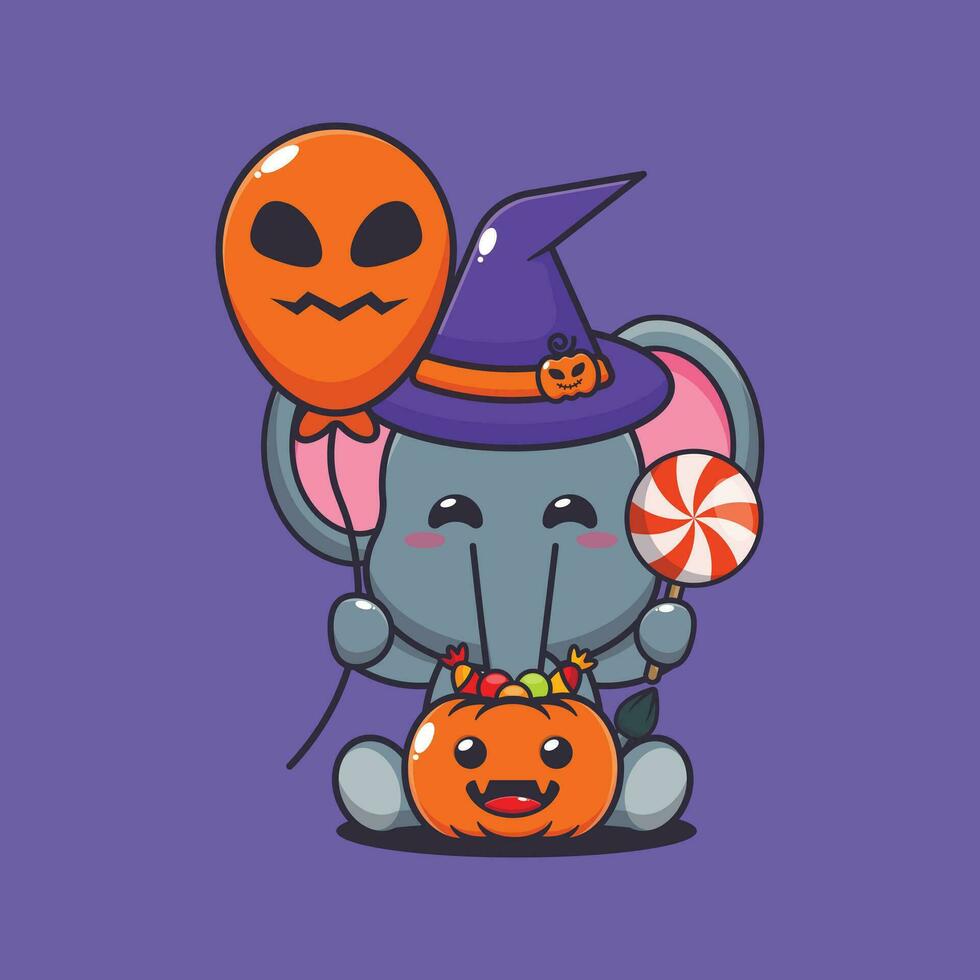 Witch elephant holding halloween balloon and candy. vector