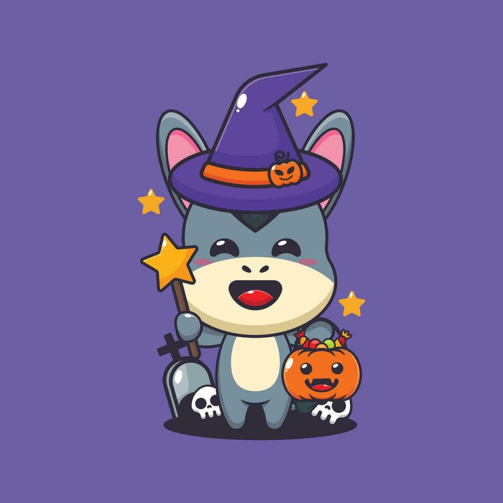 Witch donkey in halloween day. Cute halloween cartoon illustration. vector