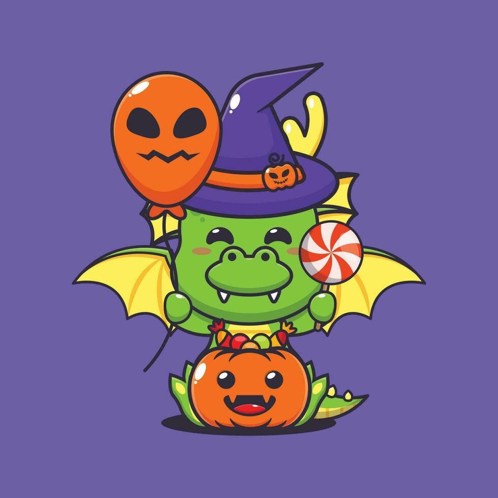 Witch dragon holding halloween balloon and candy. vector