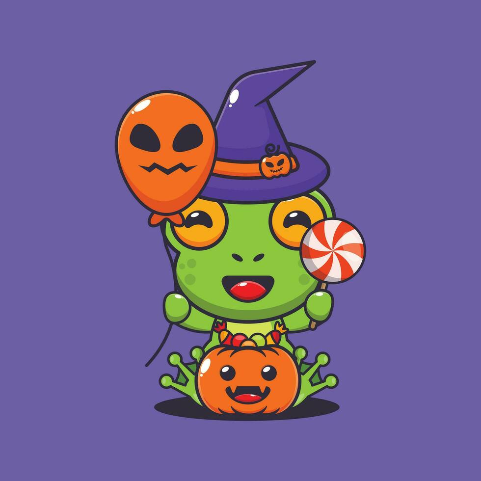 Witch frog holding halloween balloon and candy. vector