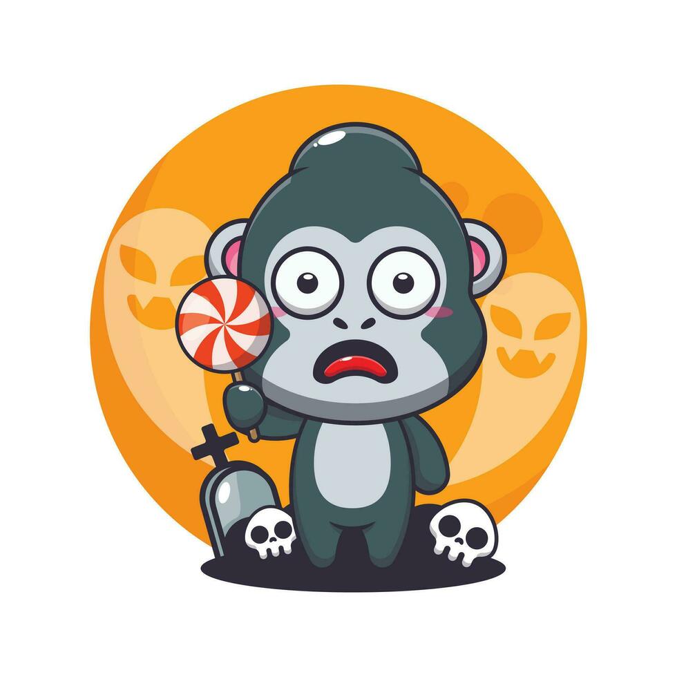 Cute gorilla scared by ghost in halloween day. vector