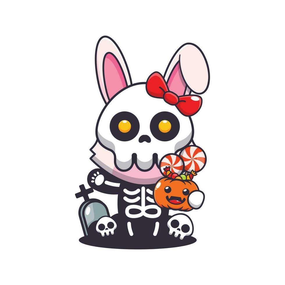 Bunny with skeleton costume holding halloween pumpkin. vector