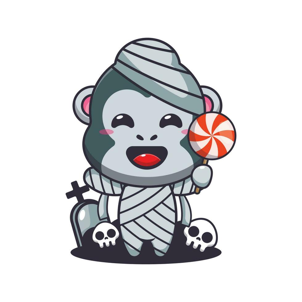 Mummy gorilla holding halloween candy. vector