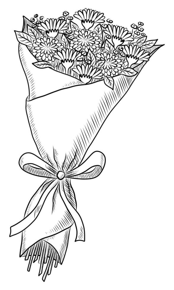 BLACK VECTOR ISOLATED ON A WHITE BACKGROUND DOODLE ILLUSTRATION OF A BOUQUET WITH CHRYSANTHEMUMS