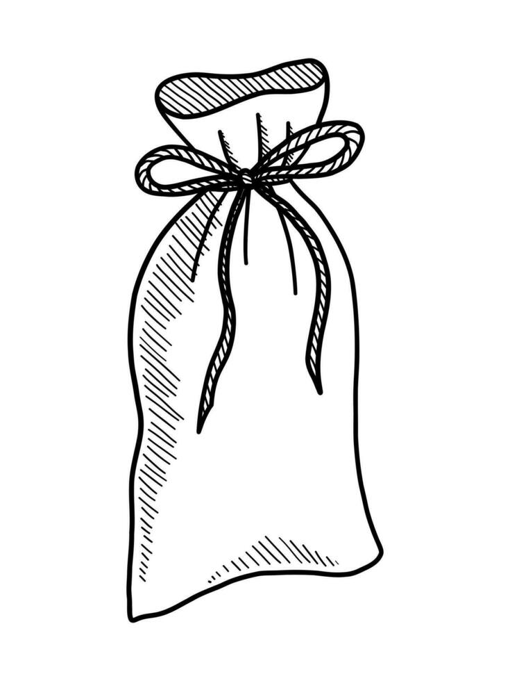 BLACK VECTOR ISOLATED ON A WHITE BACKGROUND DOODLE ILLUSTRATION OF A RAG BAG WITH A BOW
