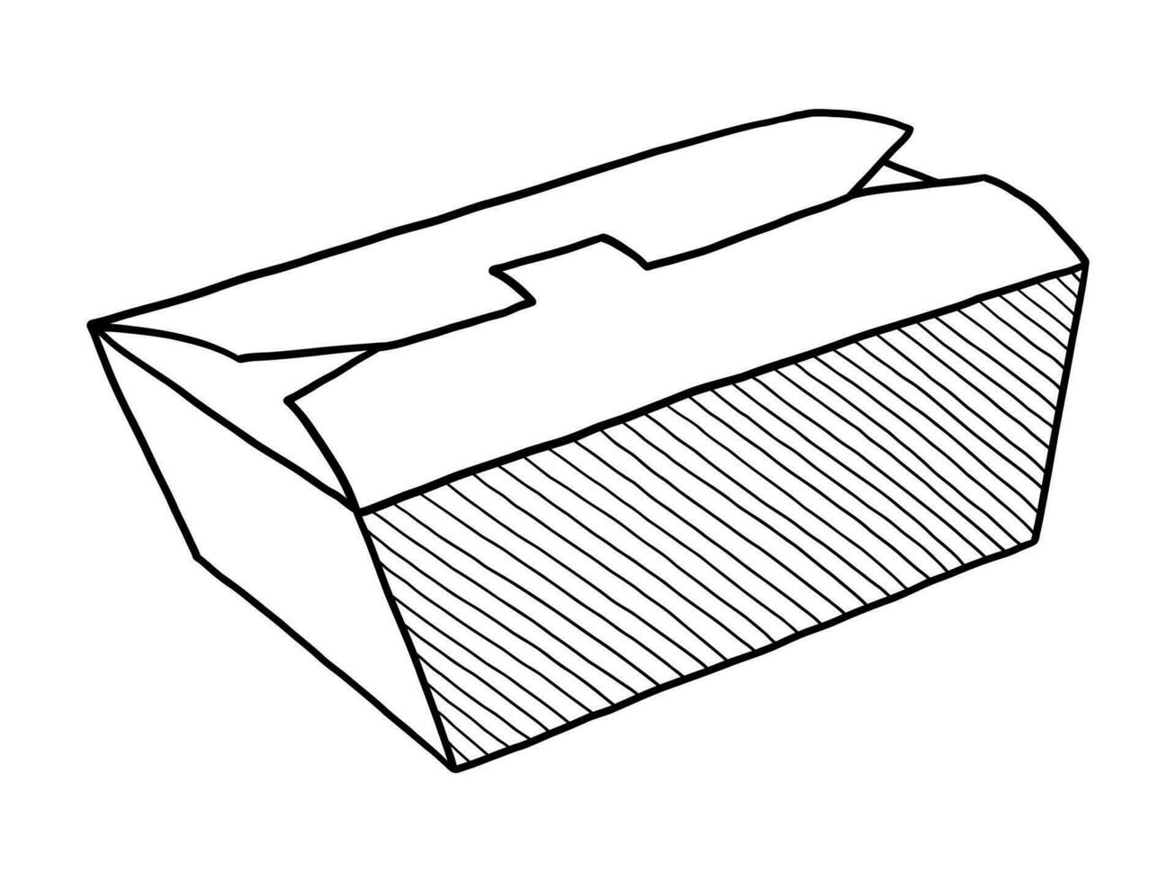 BLACK VECTOR ISOLATED ON A WHITE BACKGROUND DOODLE ILLUSTRATION OF A CLOSED CARDBOARD BOX FOR FAST FOOD