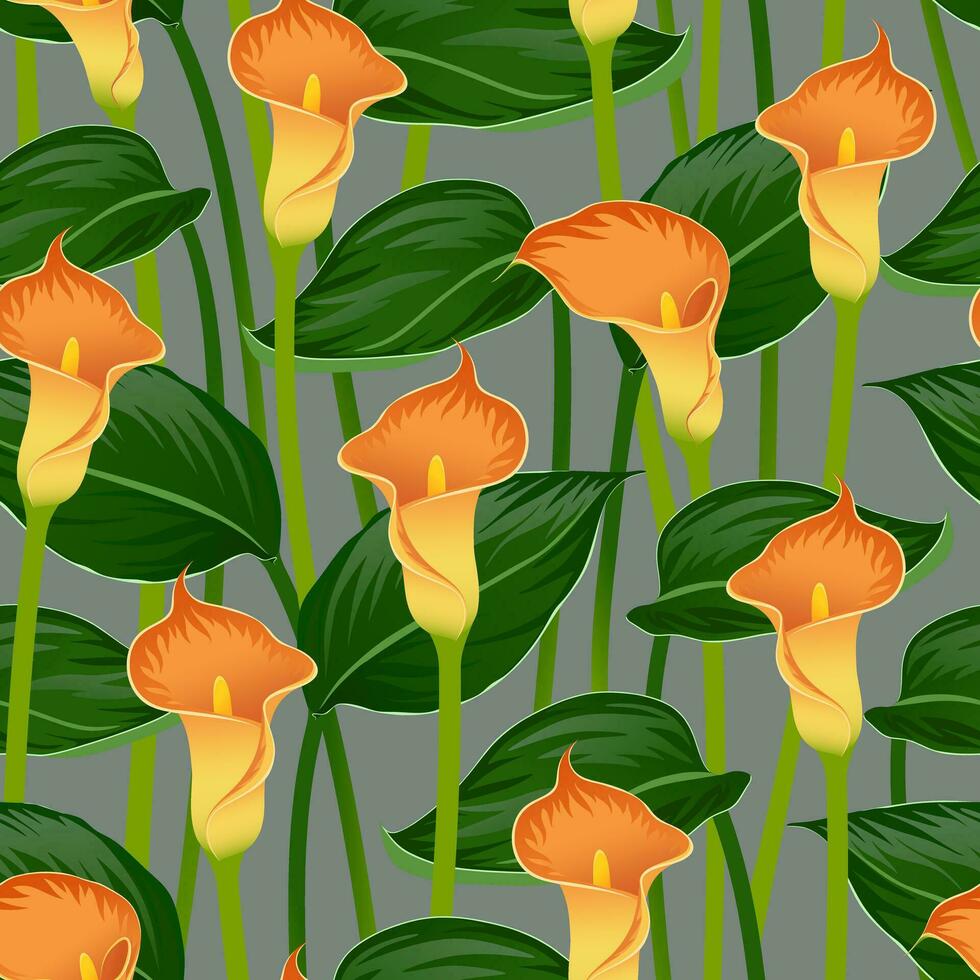 DARK GRAY VECTOR SEAMLESS BACKGROUND WITH BLOOMING ORANGE CALLA LILIES