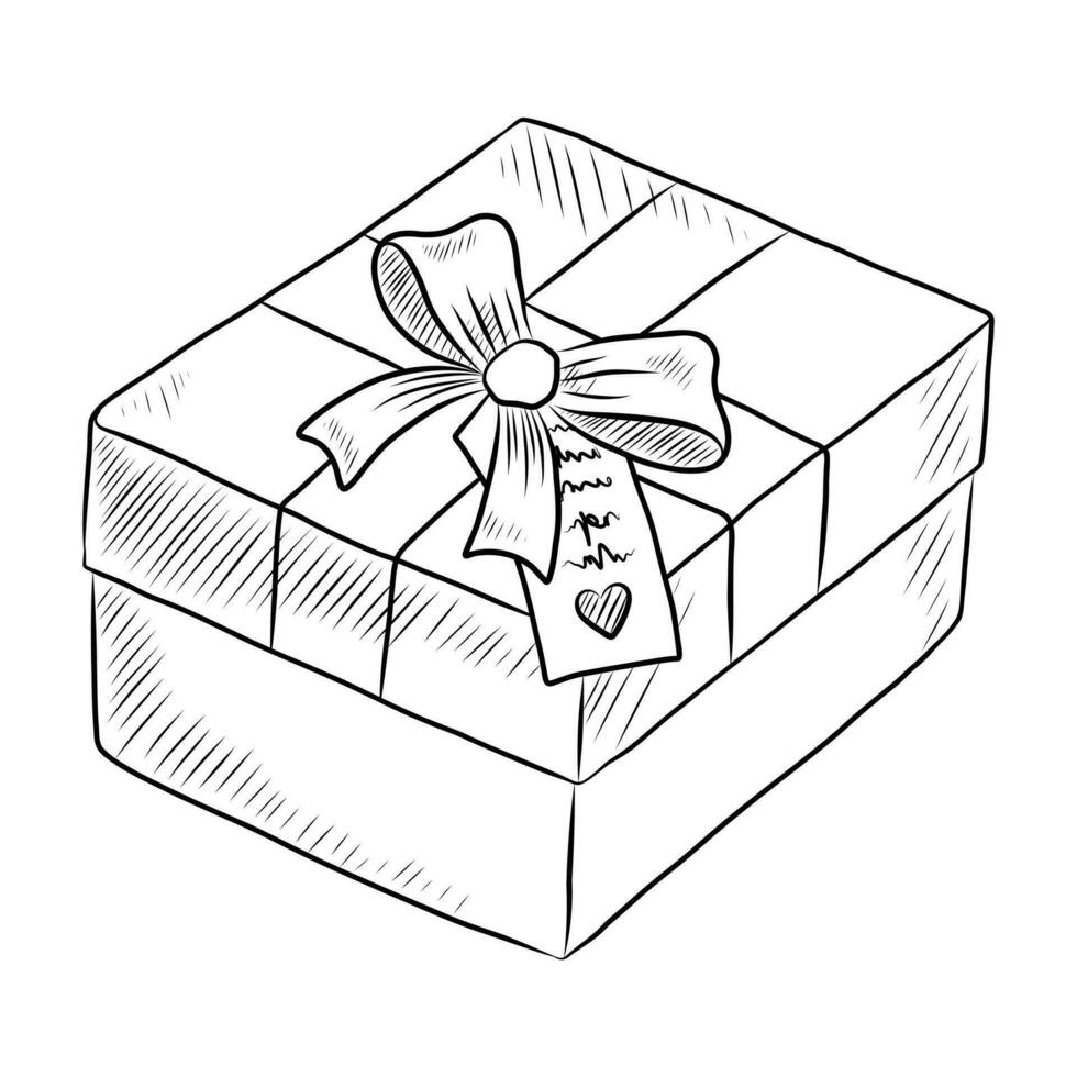 BLACK VECTOR ISOLATED ON A WHITE BACKGROUND DOODLE ILLUSTRATION OF A GIFT BOX WITH A BOW AND A ROMANTIC TAG