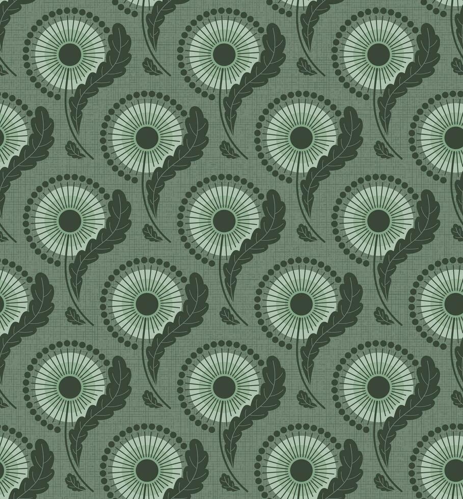 MINT GREEN TEXTURED VECTOR SEAMLESS BACKGROUND WITH BLOOMING DANDELIONS IN ART NOUVEAU STYLE