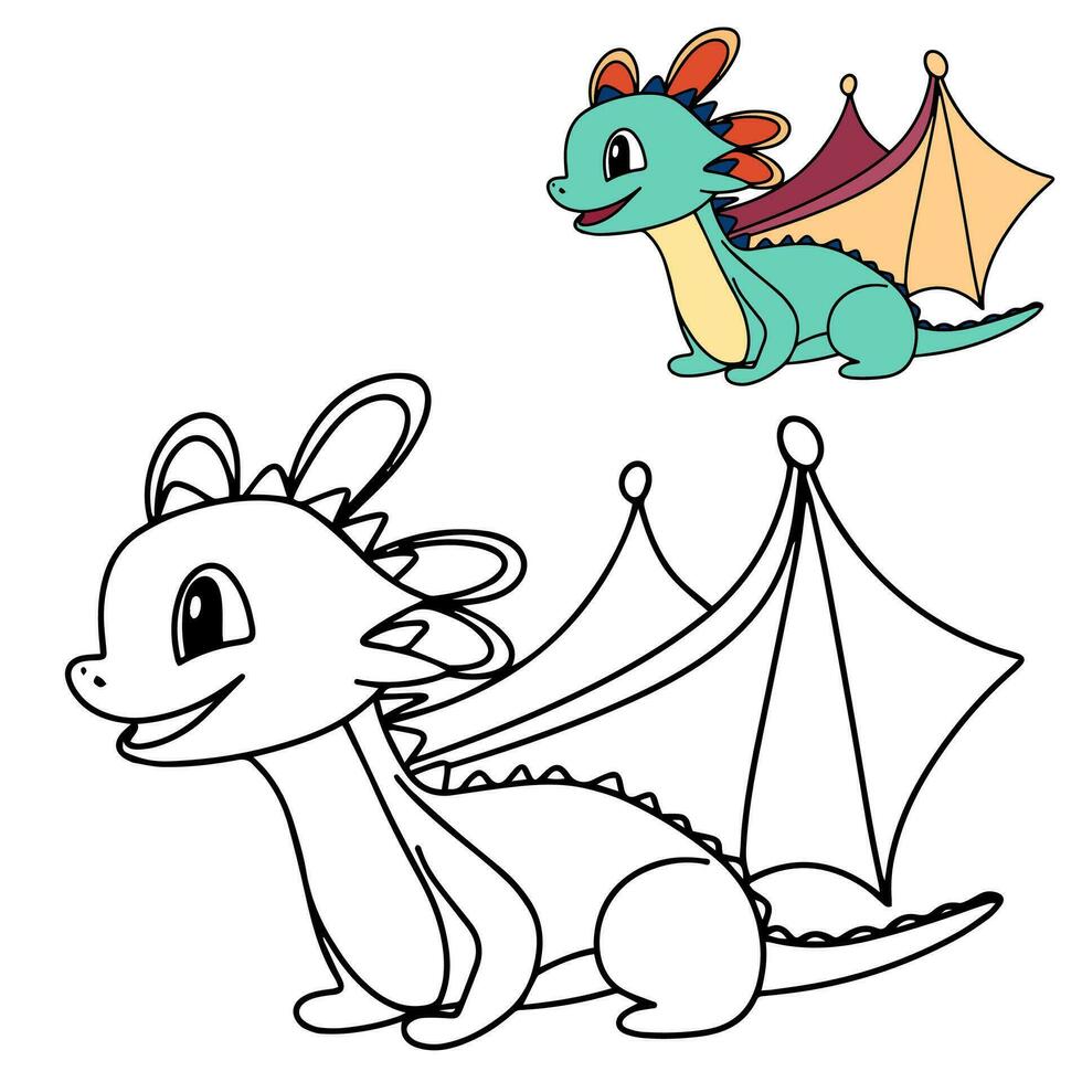 Dragon doodle. Little dragon coloring page. Dragon coloring book for children education. Vector illustration.