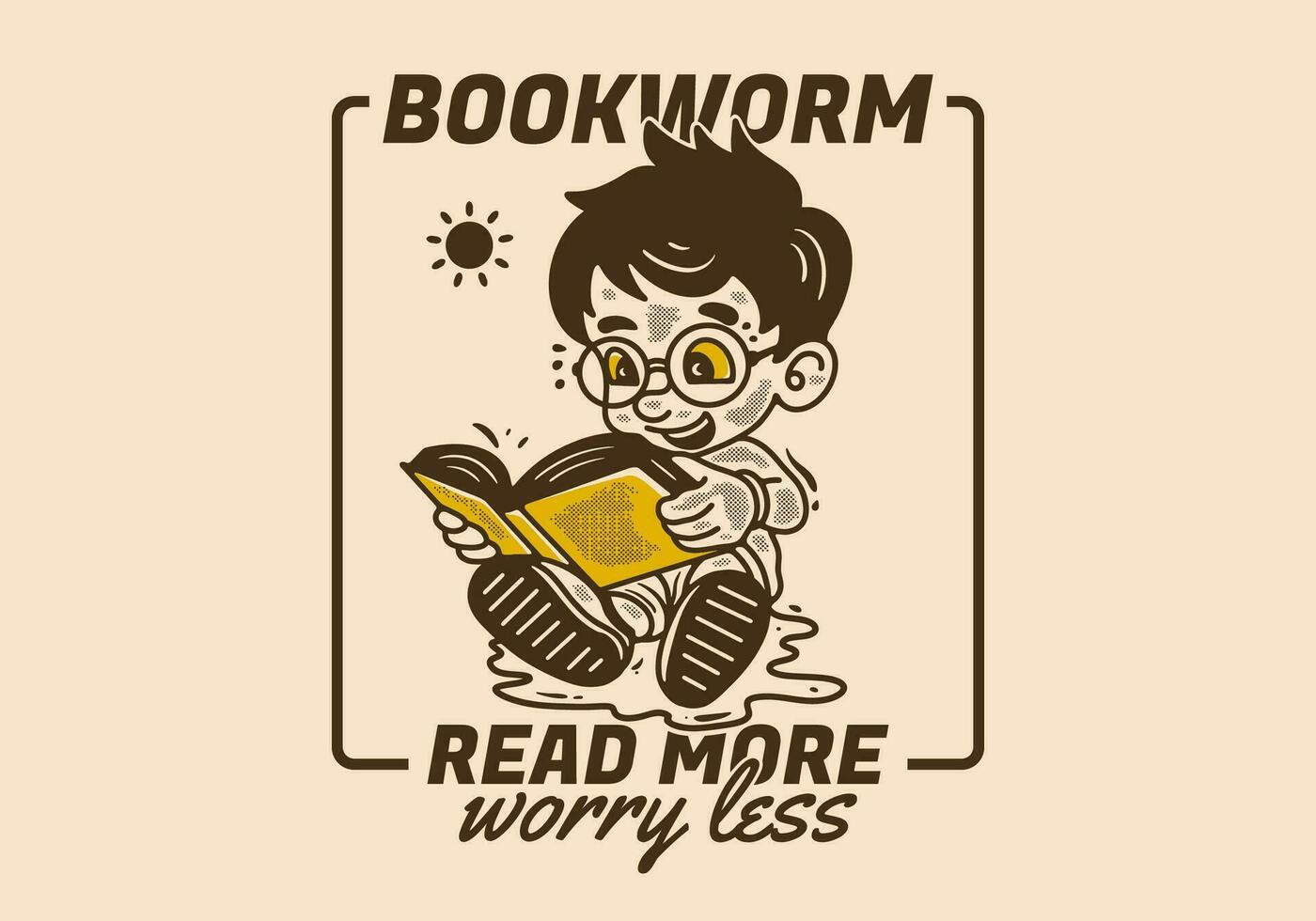 Bookworm, read more worry less, illustration of a little boy sitting and reading a book vector