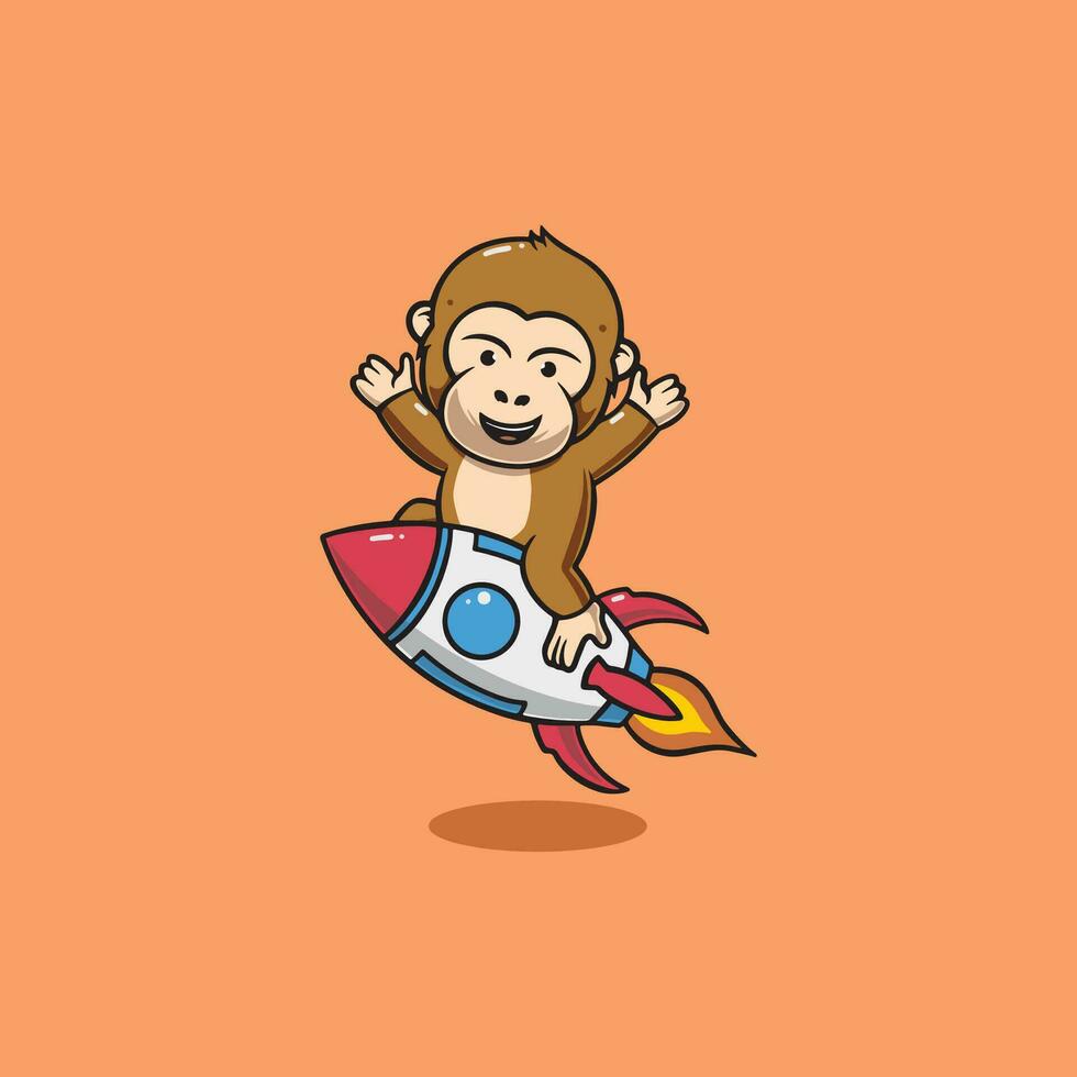 Cute monkey riding rocket cartoon illustration vector