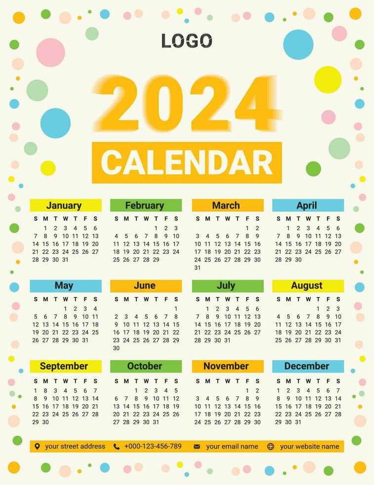 Light theme 2024 wall Calendar design for printable vector template