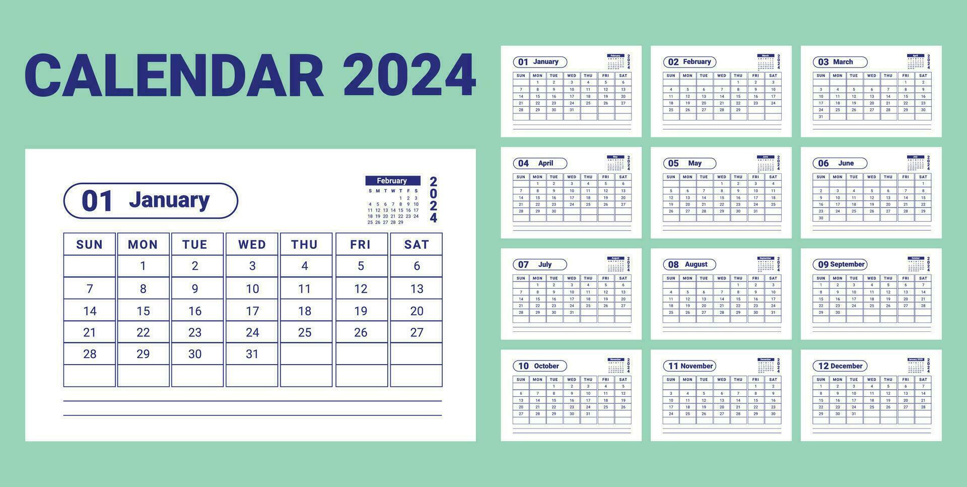 azul mínimo mesa calendario 2024 diseño vector modelo