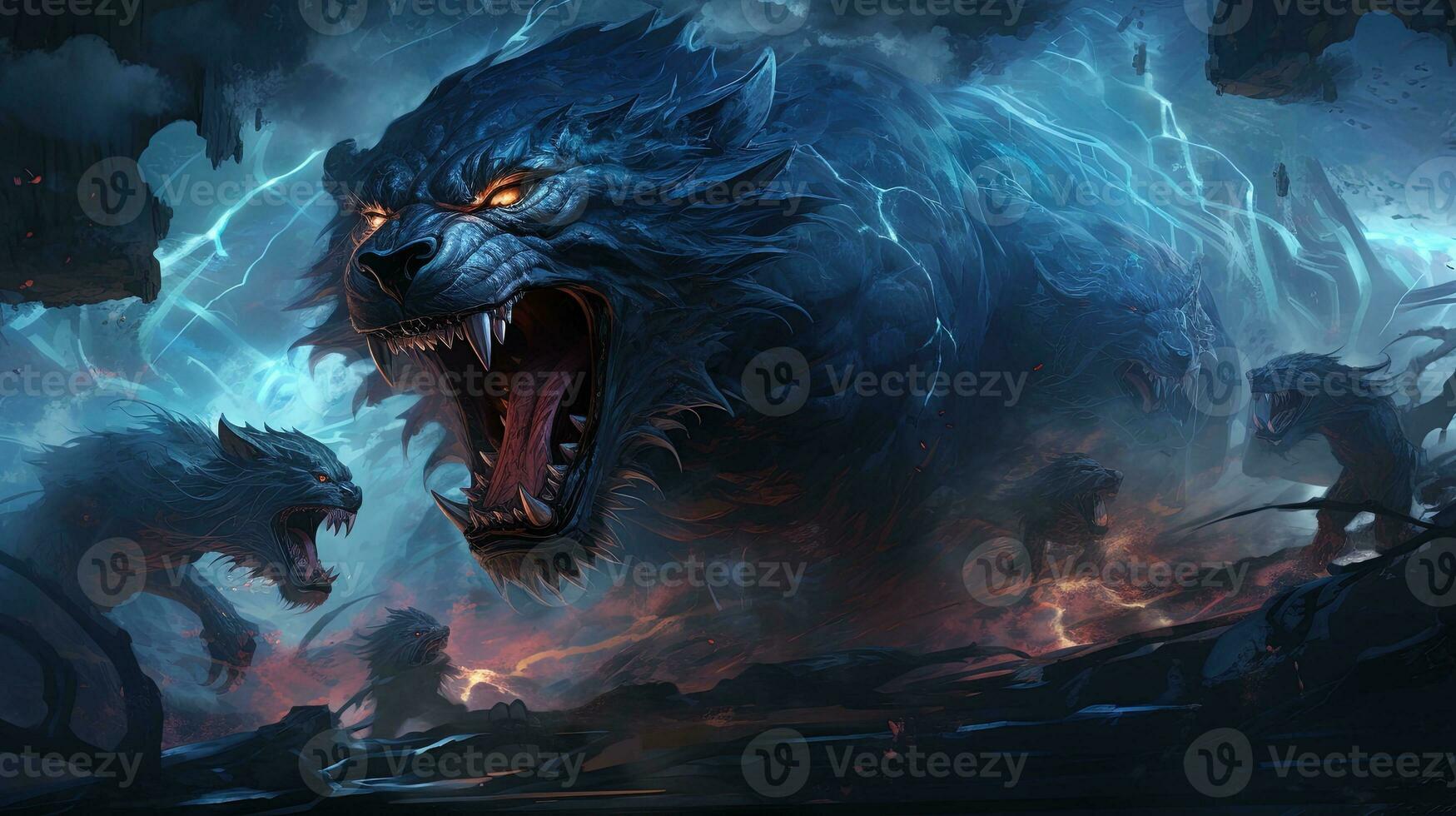 dark abyss of monstrous beasts, digital art illustration, Generative AI photo