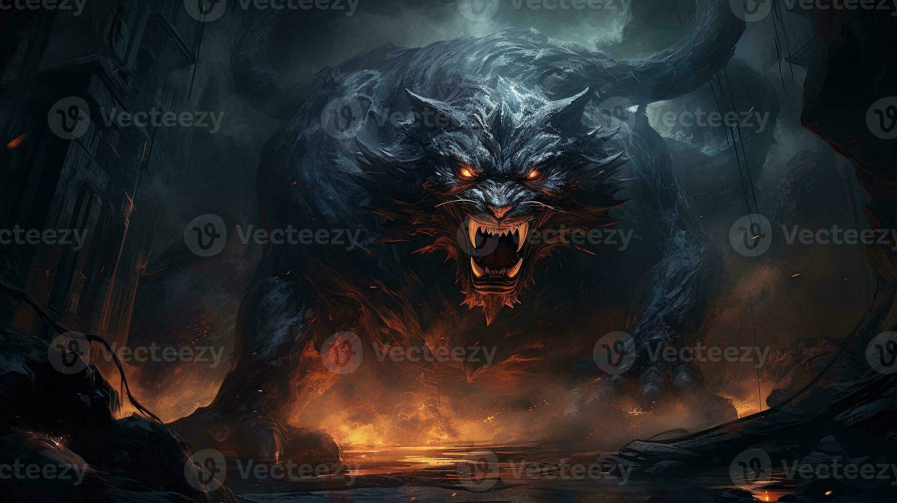 dark abyss of monstrous beasts, digital art illustration, Generative AI photo