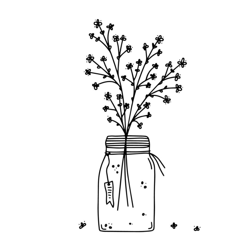 Flowers in a jar vase. Simple doodle style for postcards, notebooks, stickers, design. Black and white hand drawn vectot illustration. Graceful, lovely flowers, a decorative element. vector