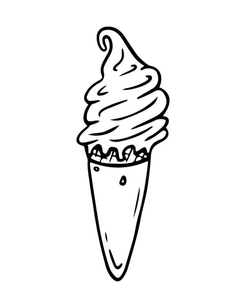 mano dibujado hielo crema cono, garabatear helado con frutas y nueces en gofre. bosquejo estilo vector ilustración para café menú, tarjeta, cumpleaños, decoración.