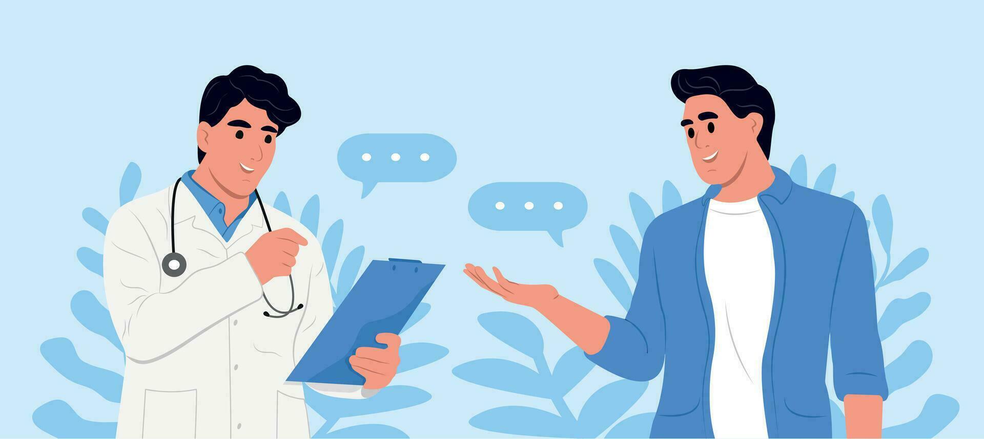 Medicine, healthcare and people concept. Doctor talking to patient in hospital. Doctor and patient with good news, health results, advice and report. vector